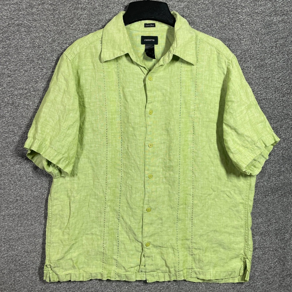 Claiborne Shirt 100% Linen Mens Large Lime Green Short Sleeve Button Down
